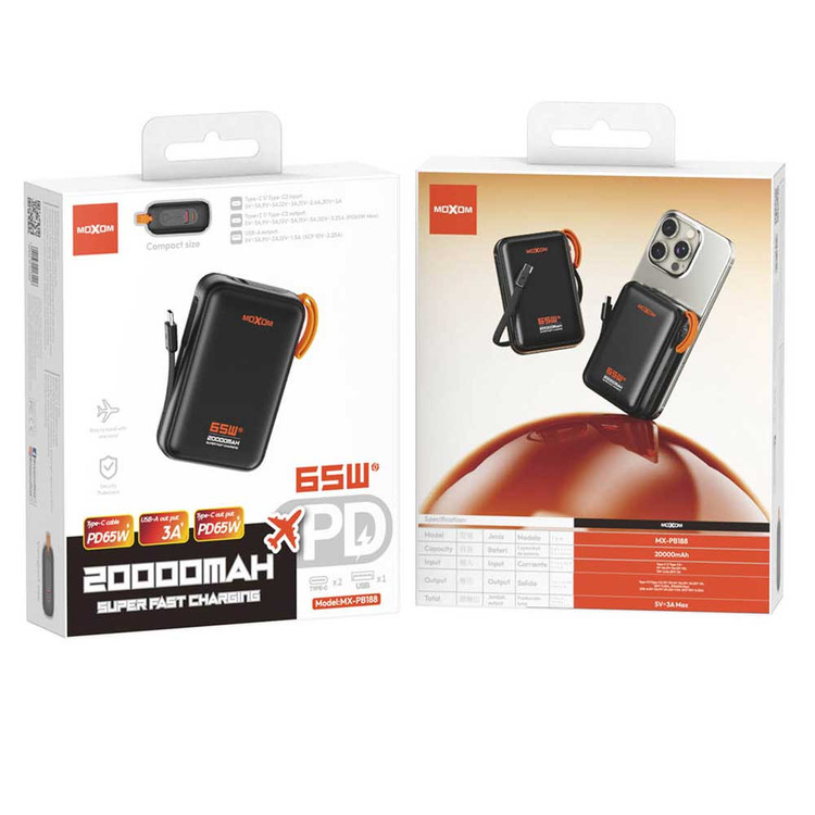 پاوربانک سوپر فست شارژ MOXOM MX-PB188 65W Super Fast 20000MAH