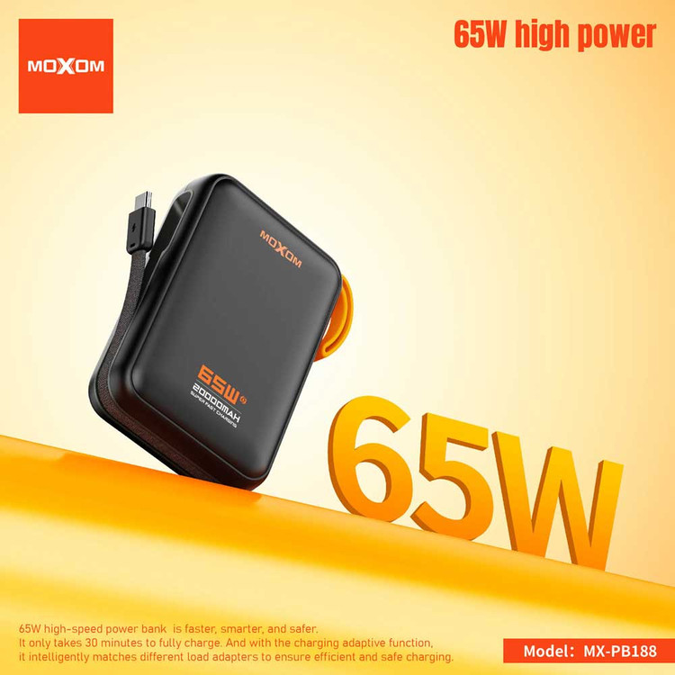 پاوربانک سوپر فست شارژ MOXOM MX-PB188 65W Super Fast 20000MAH